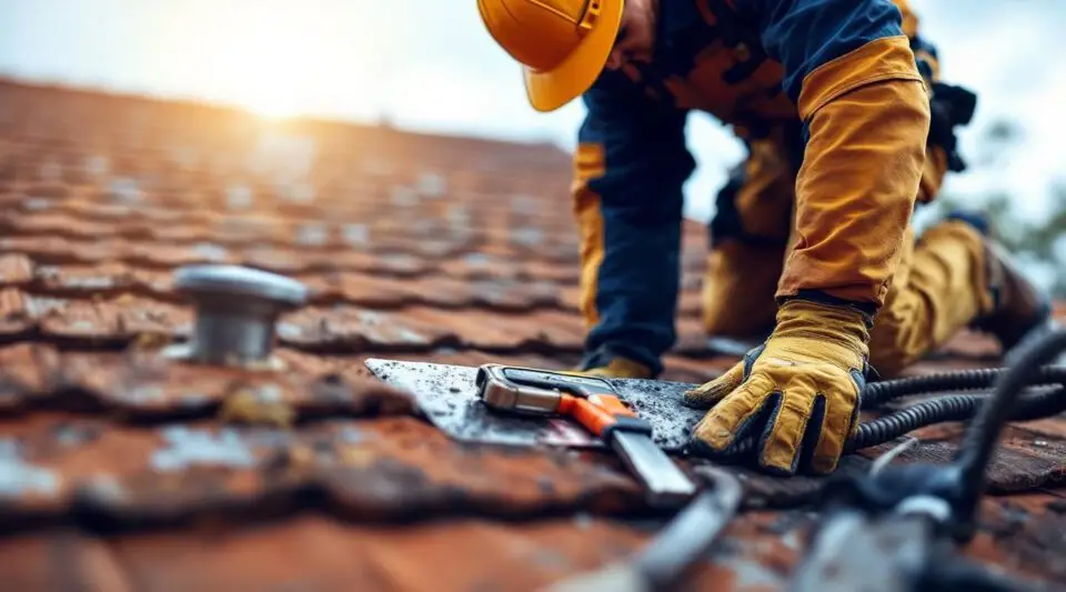 Professional roofer examining asphalt shingles on a DeLand home during a detailed roof inspection to assess flashing integrity and granule loss.