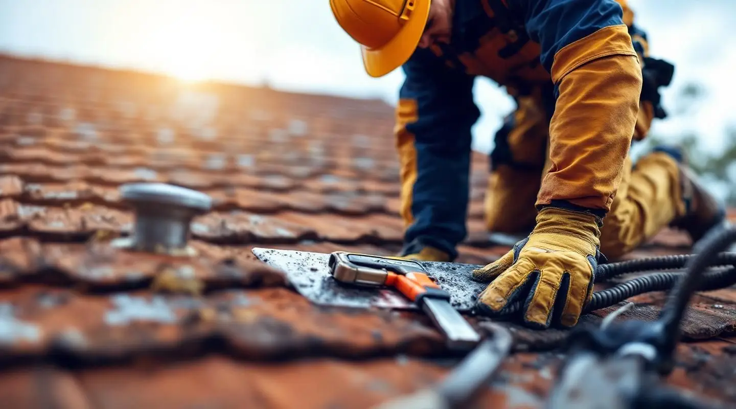 Professional roofer examining asphalt shingles on a DeLand home during a detailed roof inspection to assess flashing integrity and granule loss.