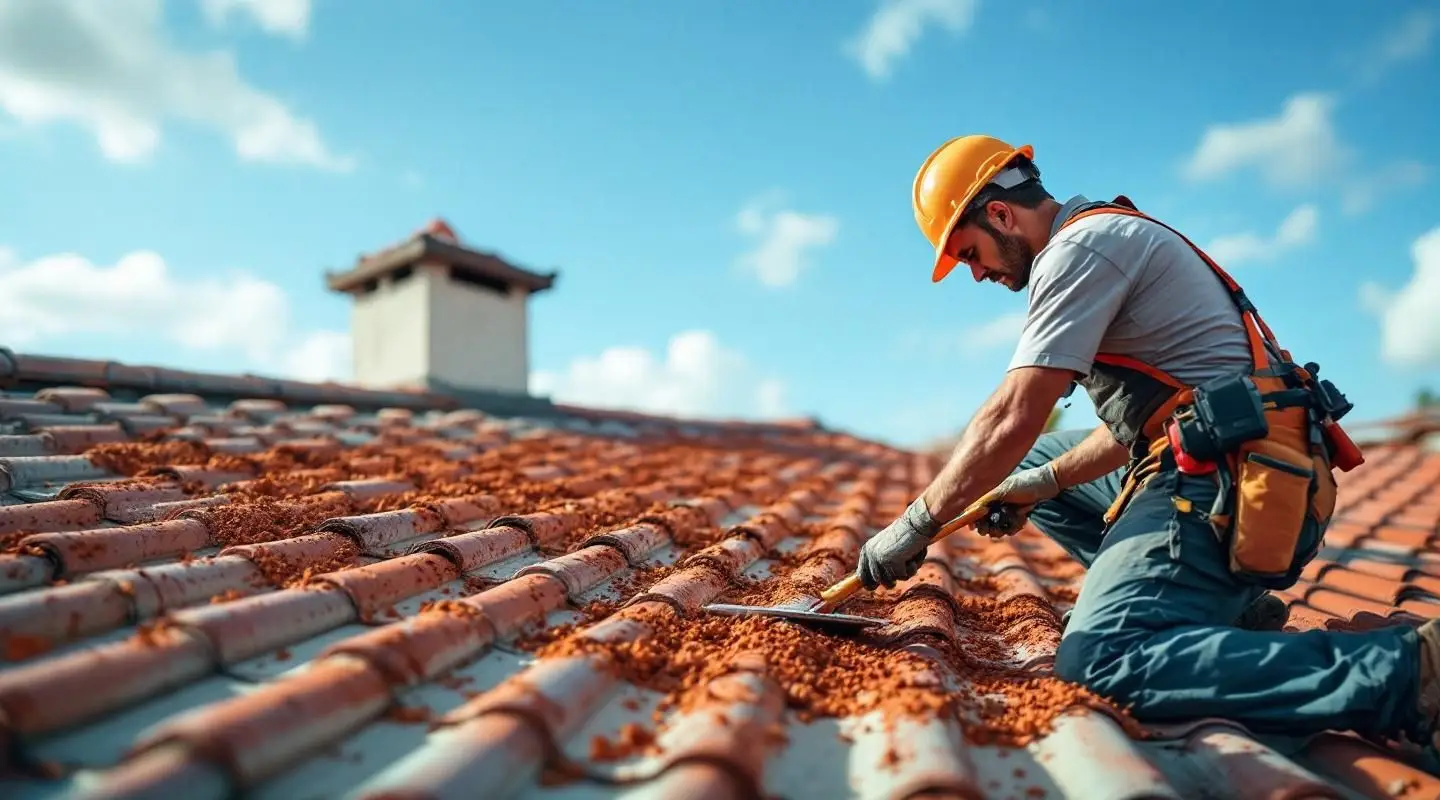 Professional roofing crew installing terracotta barrel tiles on a large DeLand commercial building under clear Florida skies.