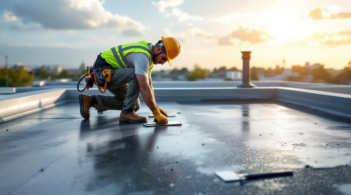 A professional roofing crew installing a black EPDM rubber membrane on a large flat commercial roof in DeLand.