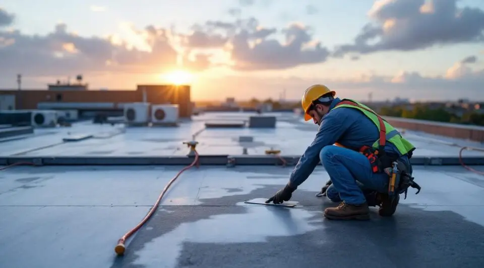 A professional roofing crew installing a white TPO membrane on a DeLand commercial property under a clear Florida sky.