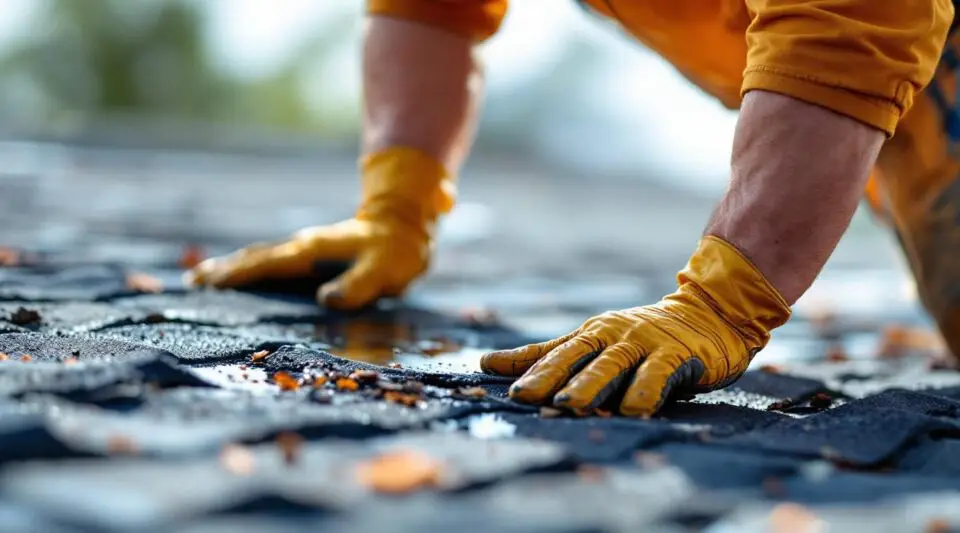 A roofing professional in DeLand securing a heavy-duty blue tarp over a damaged shingle roof during a storm.