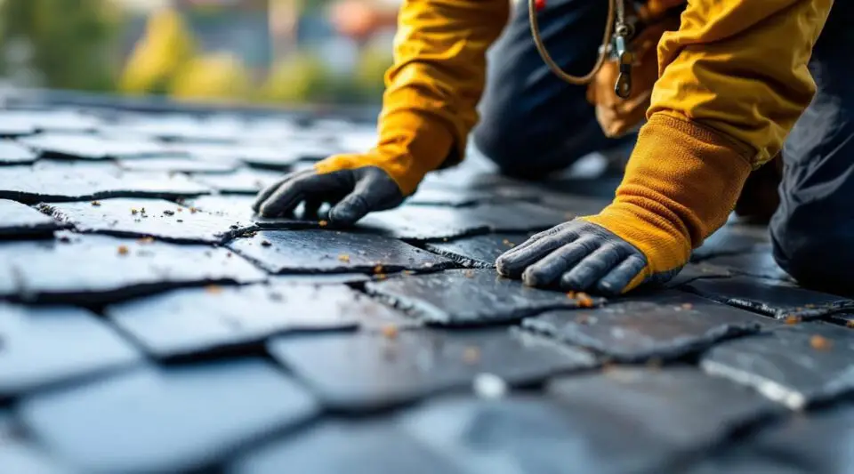 Professional roofing technicians precisely installing natural gray slate tiles on a large commercial structure in DeLand.