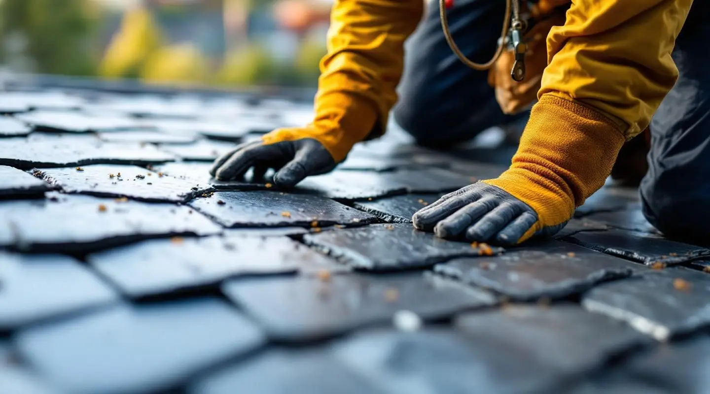 Professional roofing technicians precisely installing natural gray slate tiles on a large commercial structure in DeLand.