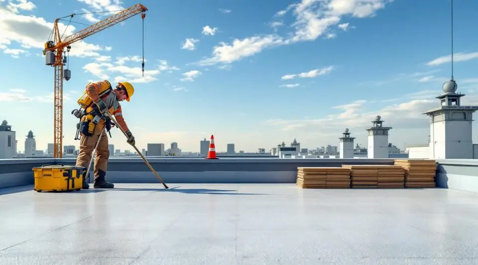Professional roofing crew heat-welding TPO membrane seams on a large commercial flat roof in DeLand.