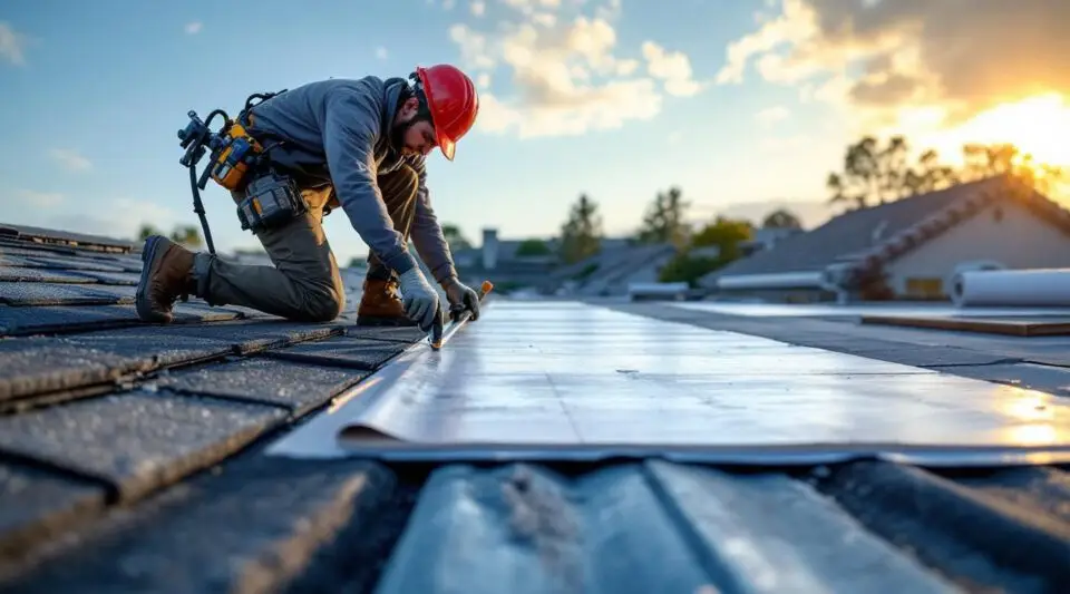 A professional roofing crew installing architectural shingles on a suburban DeLand home under a clear Florida sky.