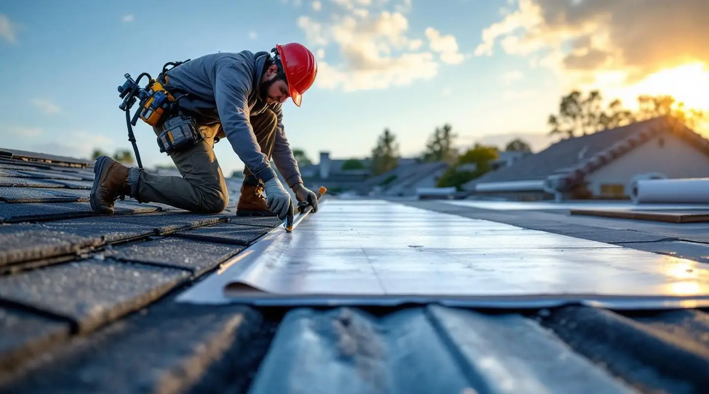 A professional roofing crew installing architectural shingles on a suburban DeLand home under a clear Florida sky.