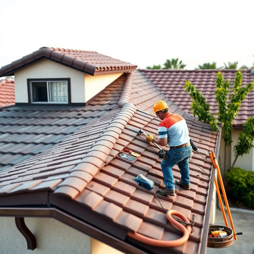 A professional roofing crew installing new asphalt shingles on a residential home in DeLand, Florida, under a clear sky.