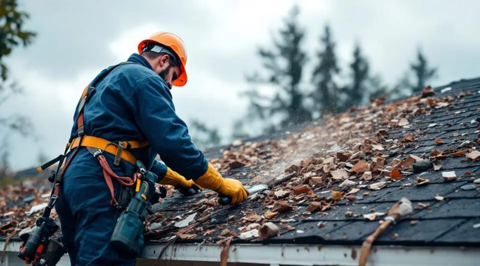 A professional roofing crew assessing wind-damaged asphalt shingles on a residential home in DeLand after a major storm.