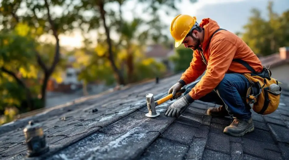 A professional roofing technician carefully replacing damaged asphalt shingles on a DeLand home during a bright afternoon.