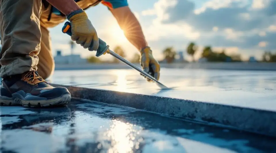 Professional roofing crew applying white reflective silicone coating to a large commercial roof in DeLand.
