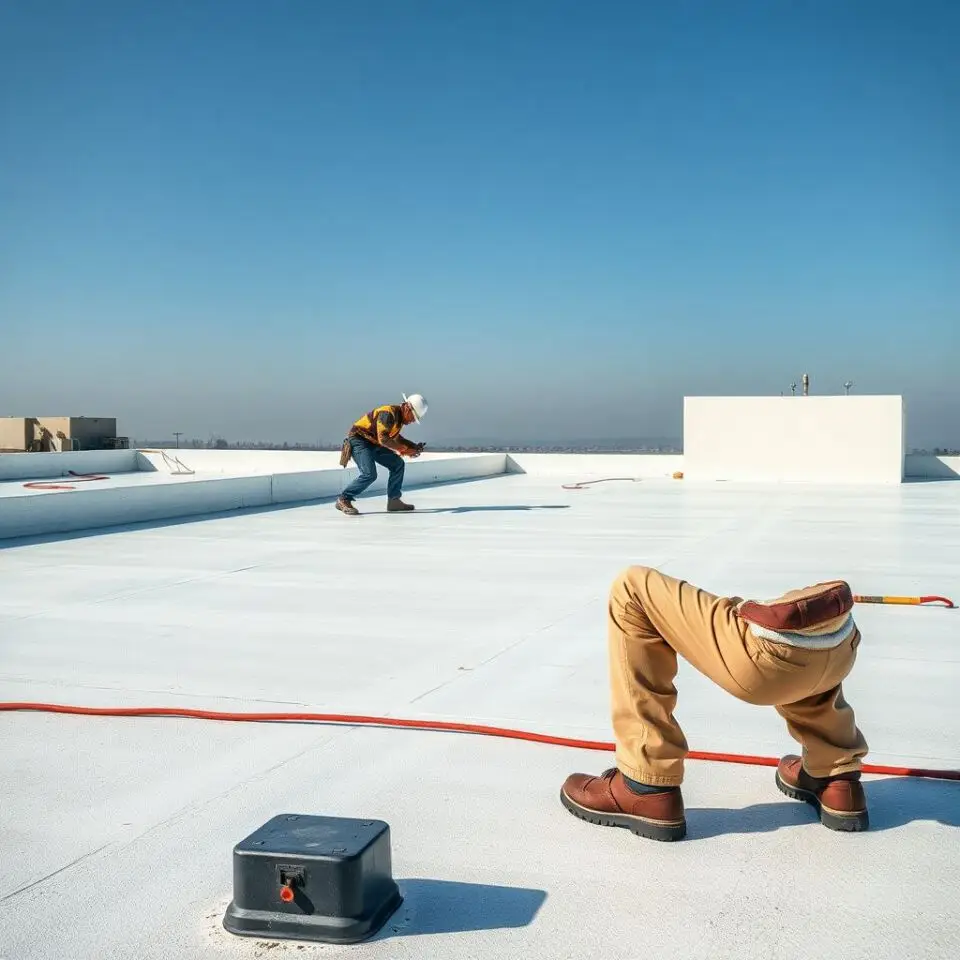 Professional roofing technicians sealing a commercial TPO membrane on a flat roof in DeLand during a repair project.