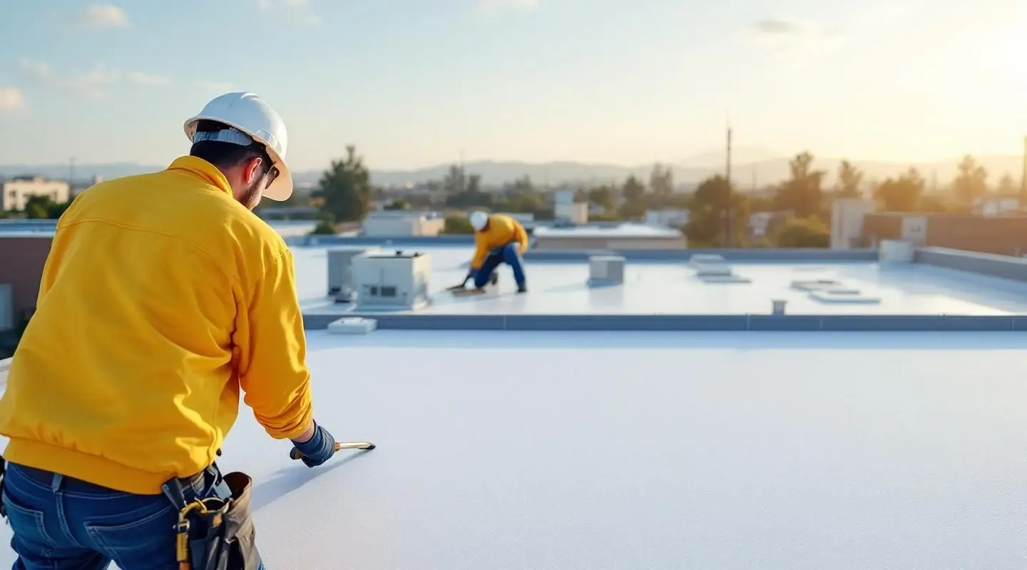 Professional roofing crew heat-welding white TPO membrane seams on a sprawling commercial flat roof in DeLand.